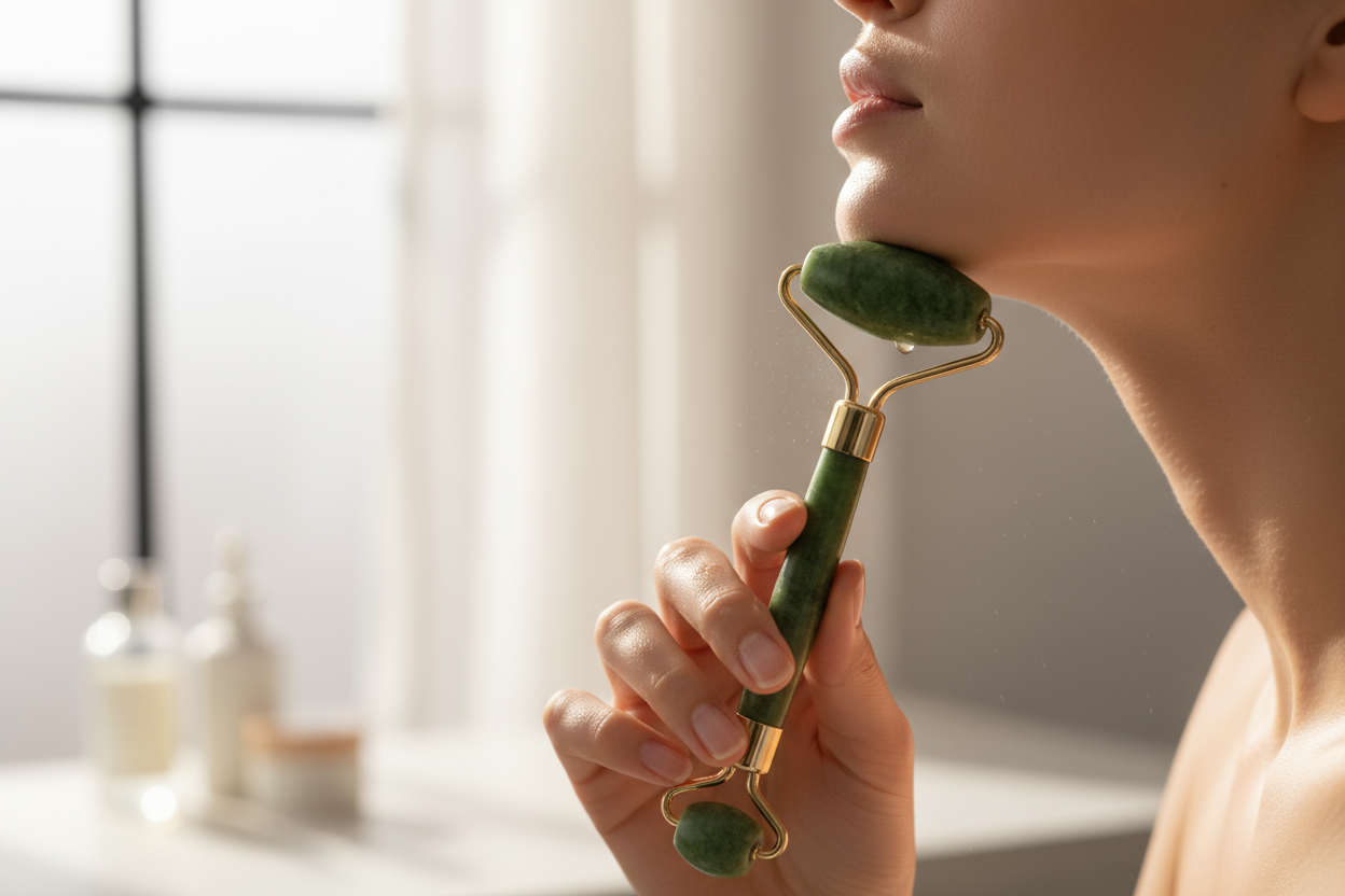 Close-up skincare shot showing a woman’s hand applying a GREEN jade roller on her jawline, natural lighting, modern look