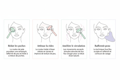 Create a clean, elegant infographic with four minimalist illustrations of a woman’s face showing the benefits of using a jade roller and Gua Sha. Each box should have a title and short description in French, similar to a beauty skincare product ad. Use soft pastel colors, modern line art, and a white background.
The four boxes should include the following French texts:
	1.	Réduit les poches – Le rouleau de jade procure une sensation de fraîcheur, raffermit la peau et aide à réduire les poches.
	2.	Atténue l