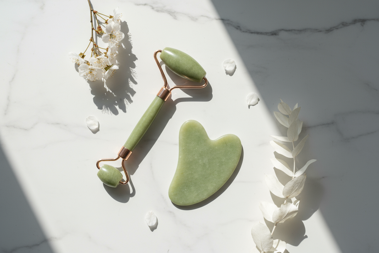 elegant flat lay of a jade roller and gua sha set on a white marble background with natural light