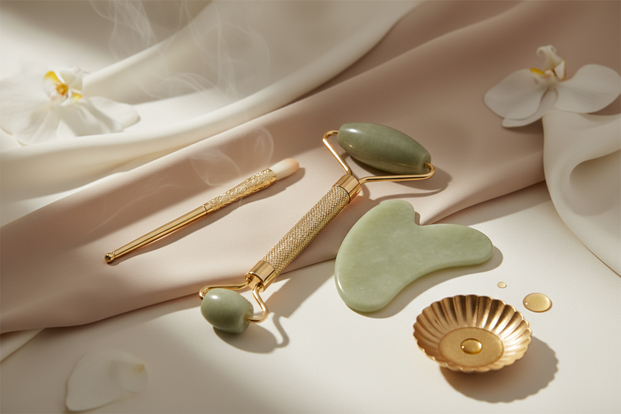 Luxury beauty branding scene with jade roller and gua sha, soft neutral tones, and gold accents