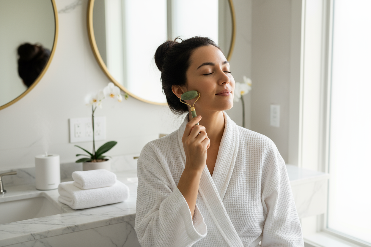 A woman gently using a jade roller on her face, in a bright and elegant bathroom setting