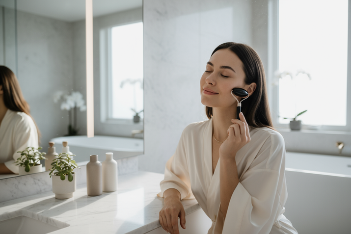 A woman using a black facial roller for skincare in an elegant setting