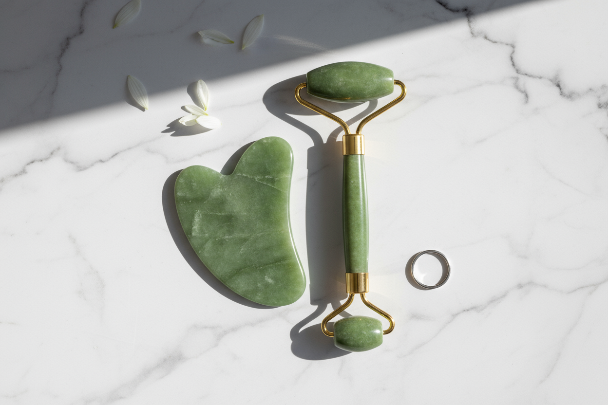 Aesthetic photo showing a green jade gua sha and roller on a marble background