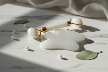 Aesthetic photo showing a white jade gua sha and roller on a marble background