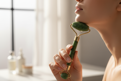 Close-up skincare shot showing a woman’s hand applying a GREEN jade roller on her jawline, natural lighting, modern look