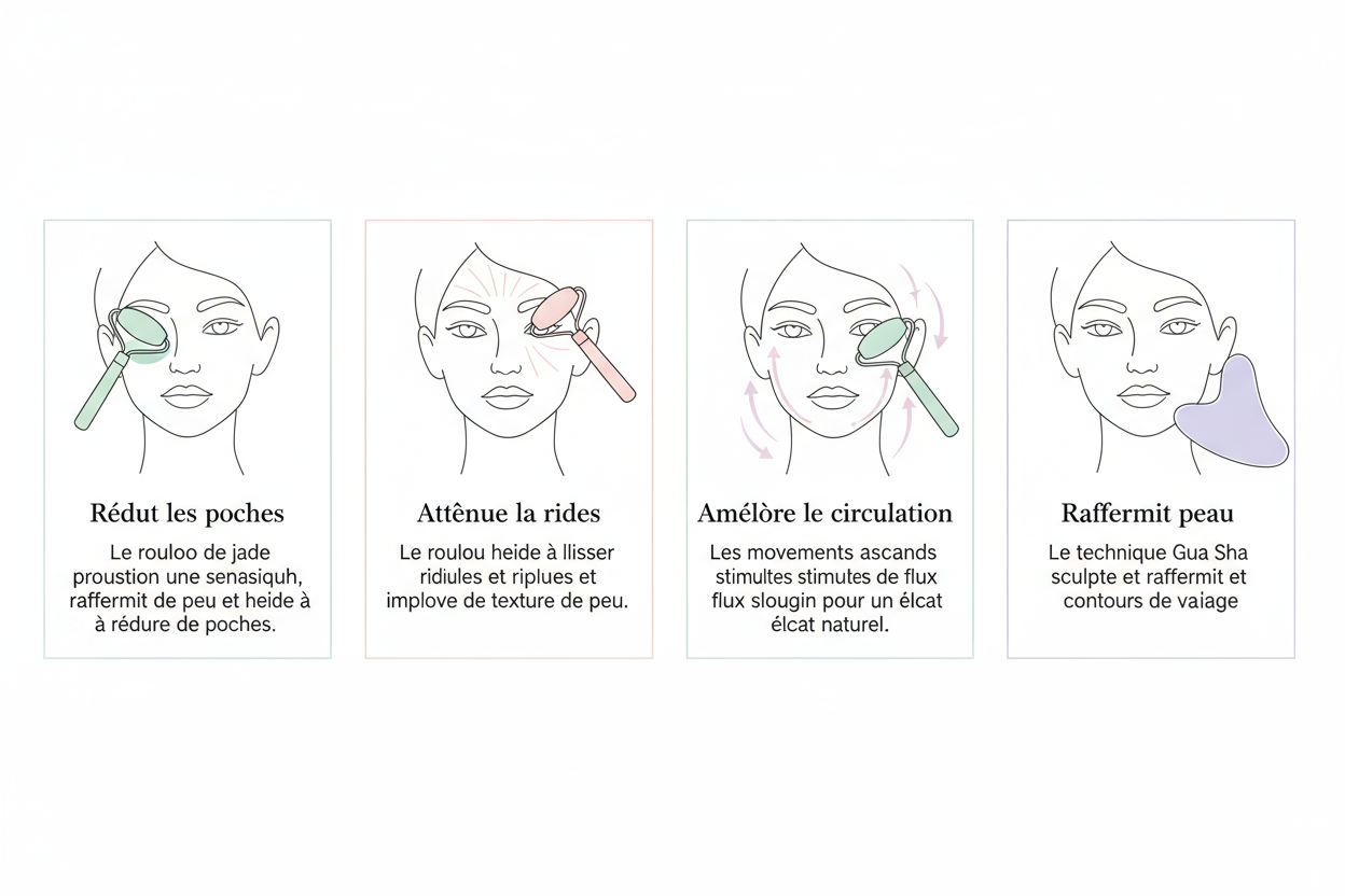 Create a clean, elegant infographic with four minimalist illustrations of a woman’s face showing the benefits of using a jade roller and Gua Sha. Each box should have a title and short description in French, similar to a beauty skincare product ad. Use soft pastel colors, modern line art, and a white background.
The four boxes should include the following French texts:
	1.	Réduit les poches – Le rouleau de jade procure une sensation de fraîcheur, raffermit la peau et aide à réduire les poches.
	2.	Atténue l