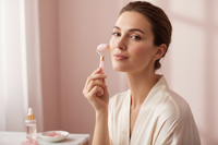 Elegant beauty scene with a woman using a pink jade roller on her face, soft natural lighting, minimal background in pastel pink tones, luxury skincare aesthetic