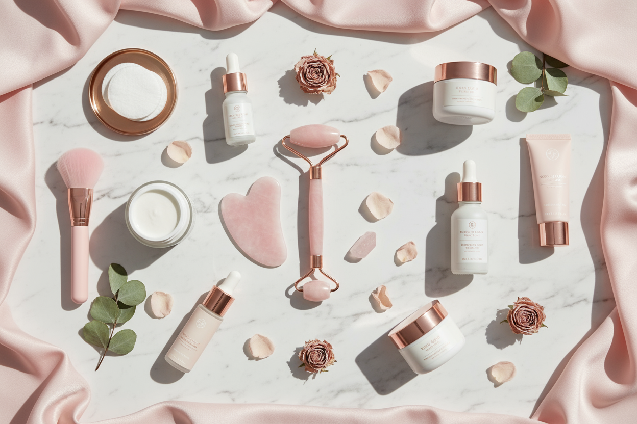 Flat presentation of luxury skincare products with a rose jade roller, gua sha tool, and elegant accessories on a marble surface, in the style of a high-end beauty brand.